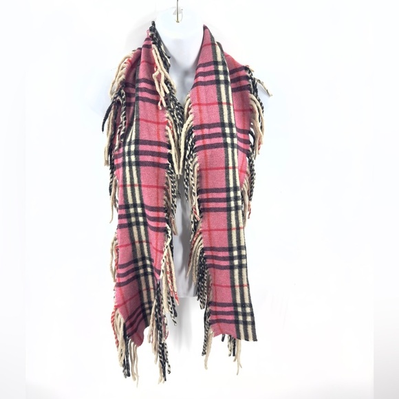 Burberry Happy Fringe Scarf Pink Black Nova Check Plaid Wool Cashmere Blend - Picture 2 of 7